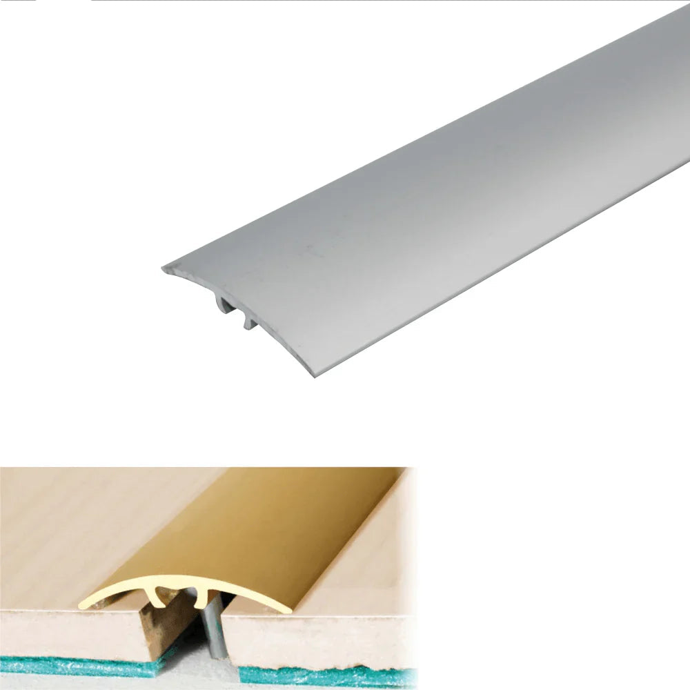 Silver metal threshold strip with anodized finish on a white background