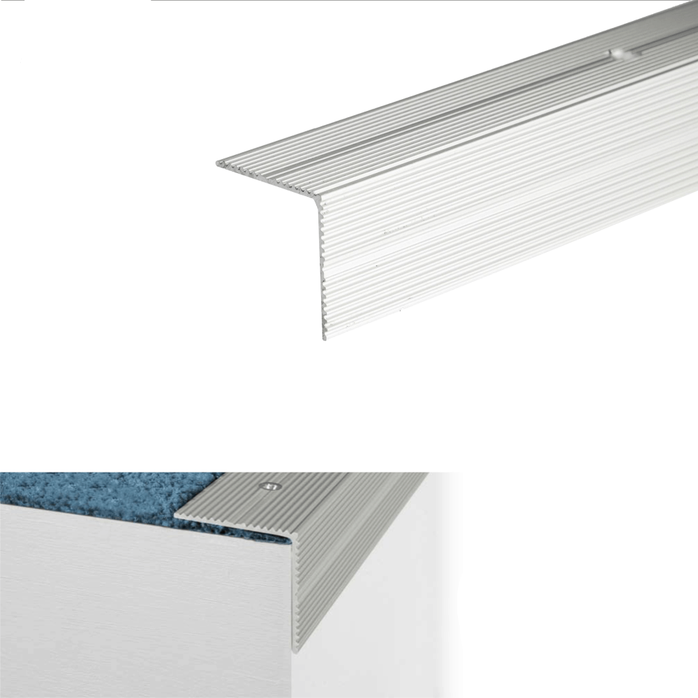 Silver metal stair tread with features and dimensions on a white background