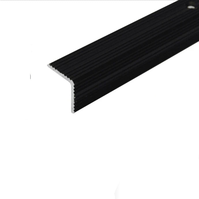 Black metal stair tread with product details on a white background