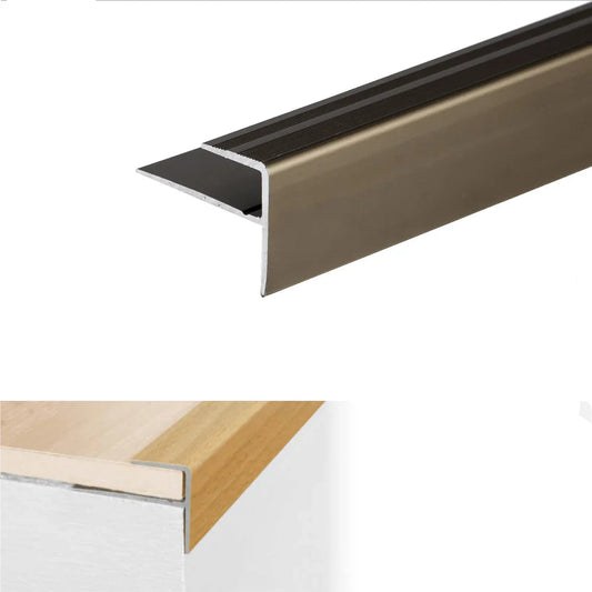 Metallic stair nosing with champagne finish, showing dimensions and installation details.