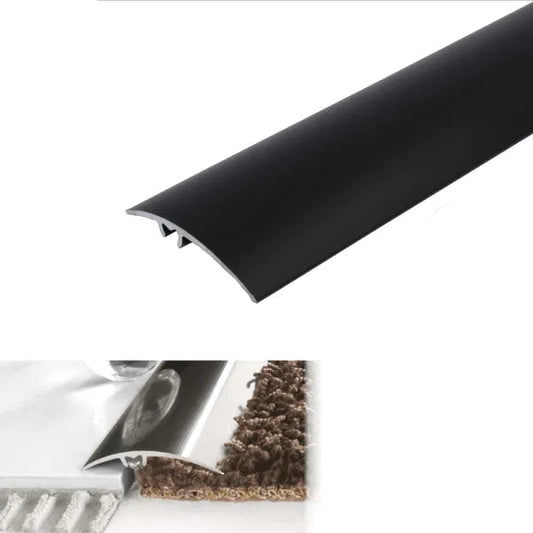 Black metal strip with installation instructions and product details on a white background