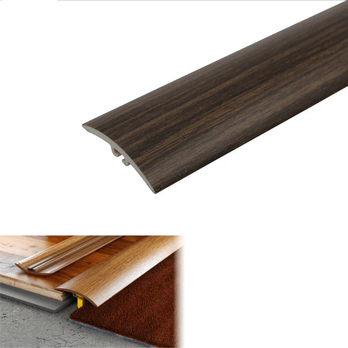 Wooden floor trim with Wenge color option and technical details on a white background