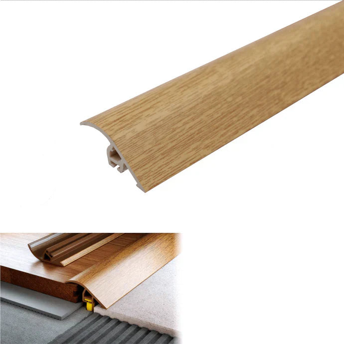 Wooden floor trim with specifications and installation diagram on a white background