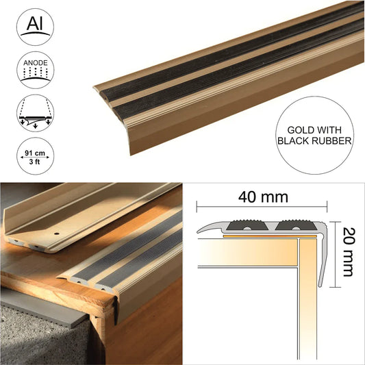 SA11 40 x 20mm Anodised Aluminium Self Adhesive Non Slip Rubber Stair Nosing Edge Trim With Insert