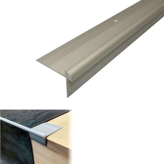 Silver metal threshold strip with dimensions and features on a white background