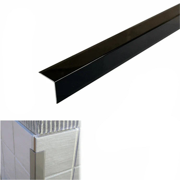 Gloss black metal threshold with dimensions and material information on a white background