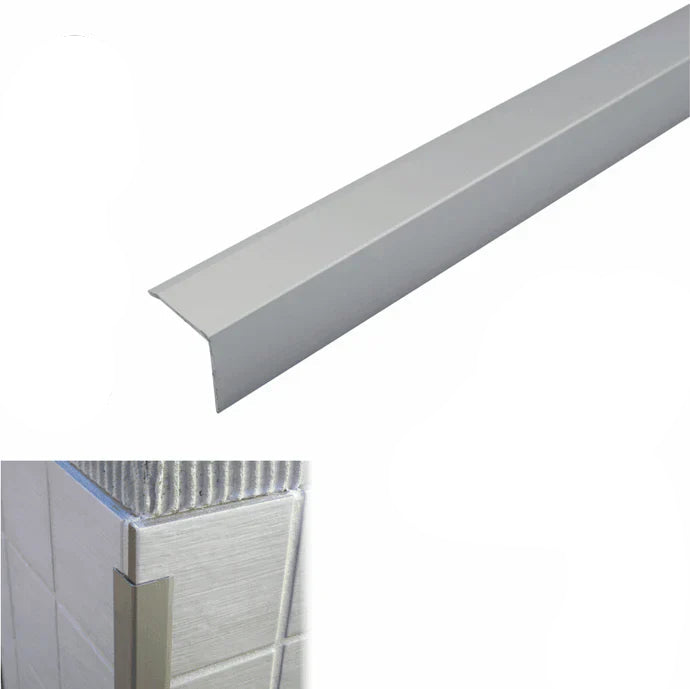 Matt silver metal strip with dimensions and material information on a white background