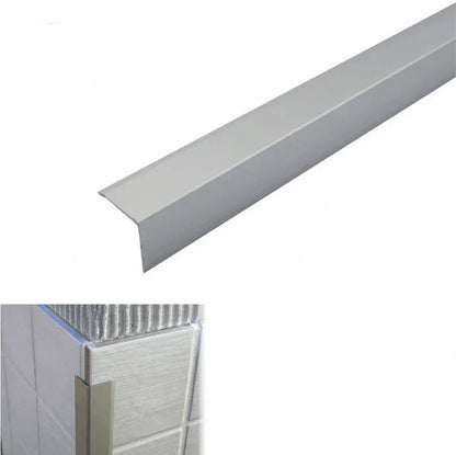 Matt silver metal strip with dimensions and material information on a white background