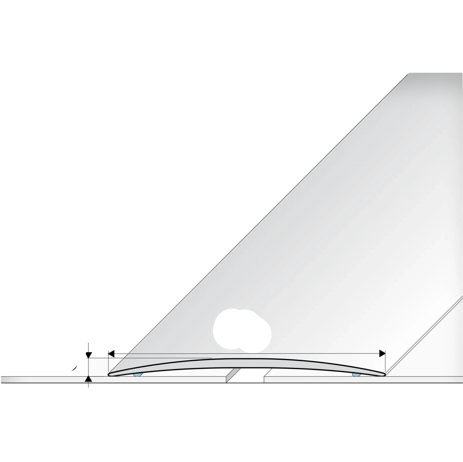 Measurement diagram of a triangular object with dimensions labeled