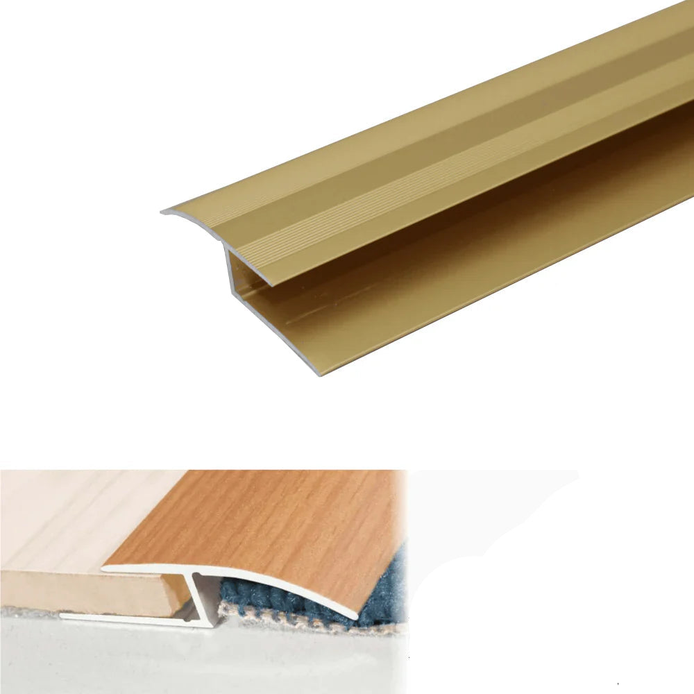 Gold metal strip with installation instructions and dimensions on a white background