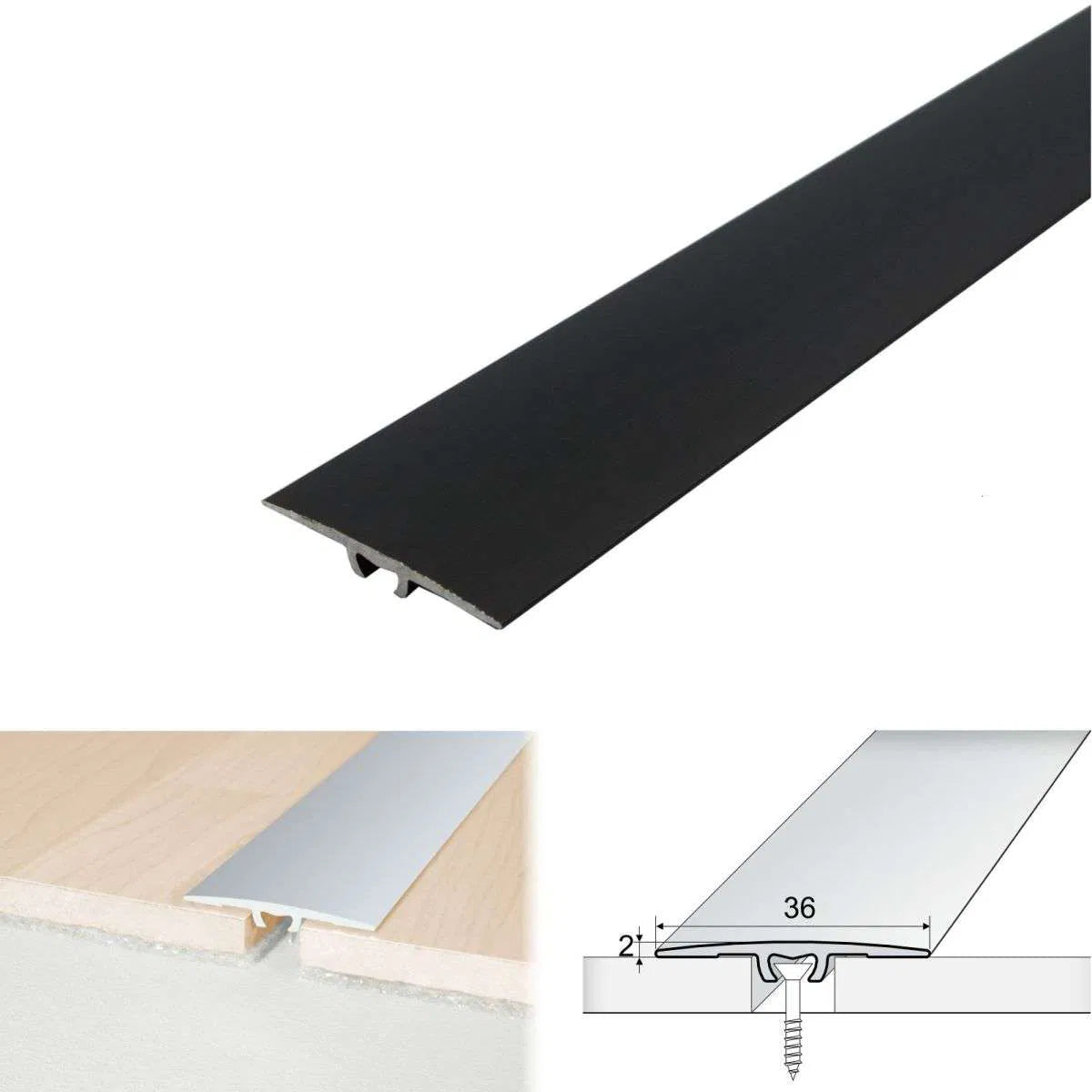 Black metal strip with specifications on a white background