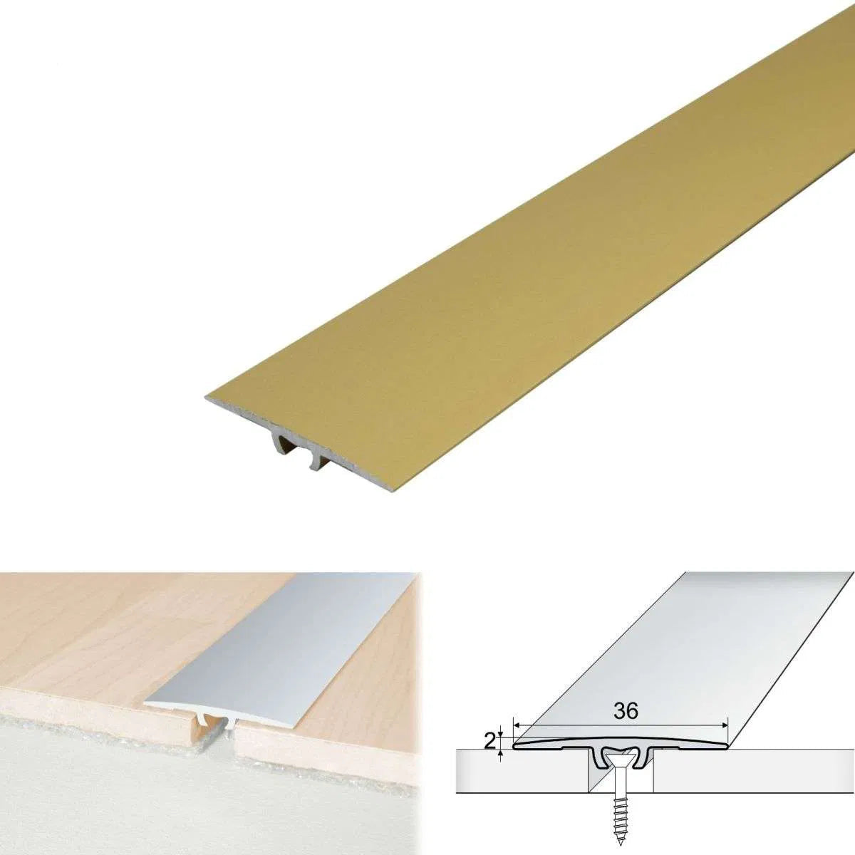 Gold metal strip with dimensions and features on a white background