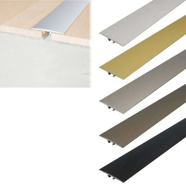 Set of metal stair nosings in various colors on a white background