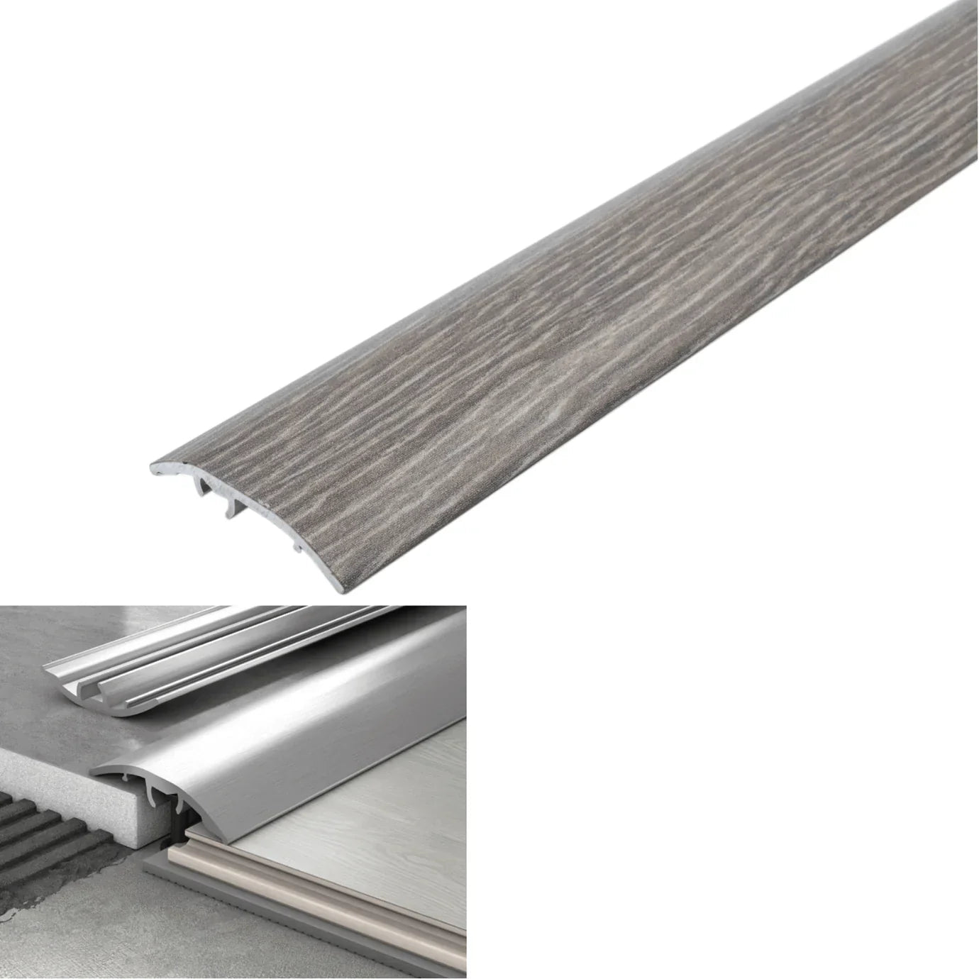 Gray wooden strip with metal trim on a white background, showing dimensions and color code.