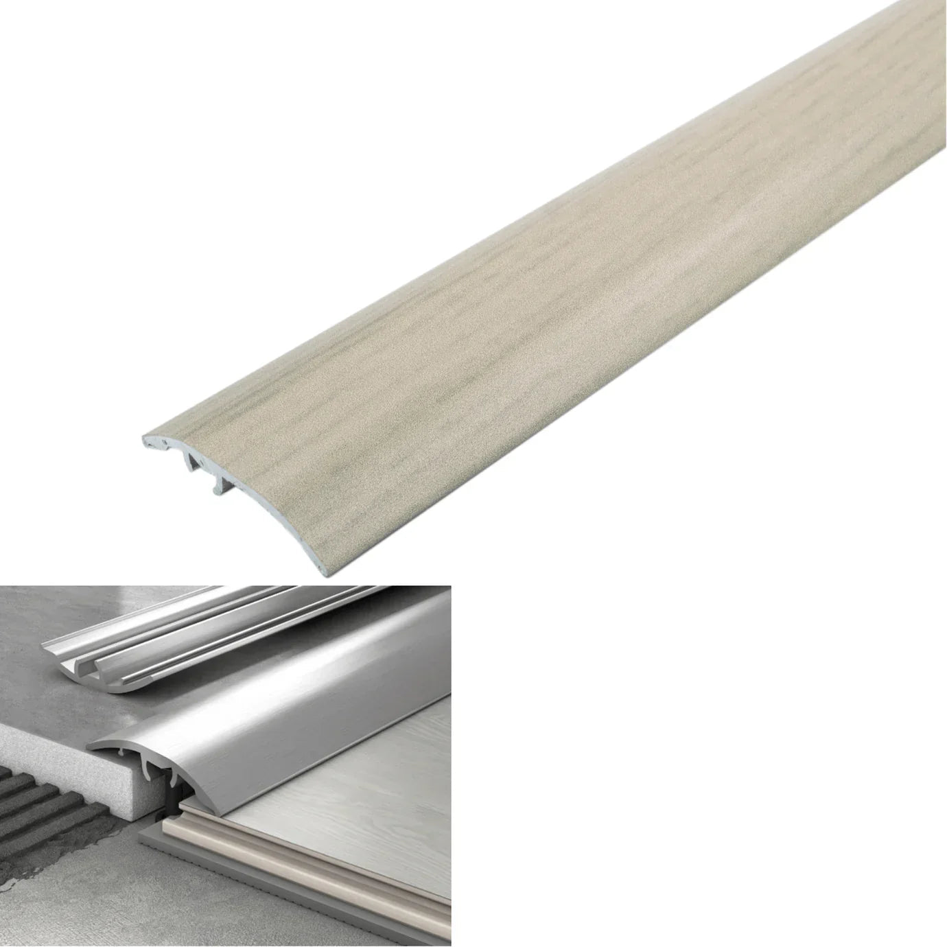 Stair tread with metal threshold, showing dimensions and color options on a white background.