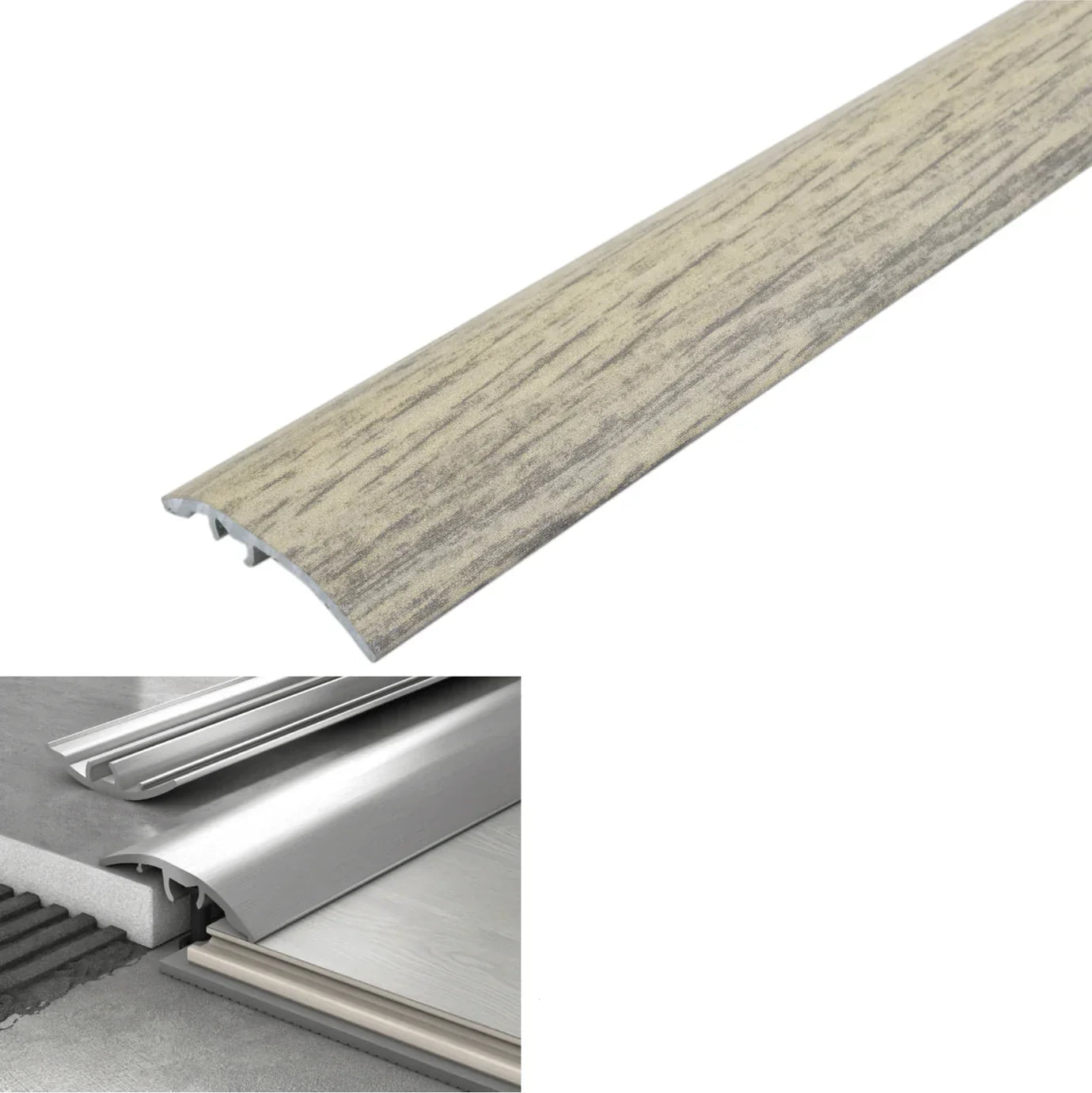 Wooden strip with metal trim and technical details on a white background