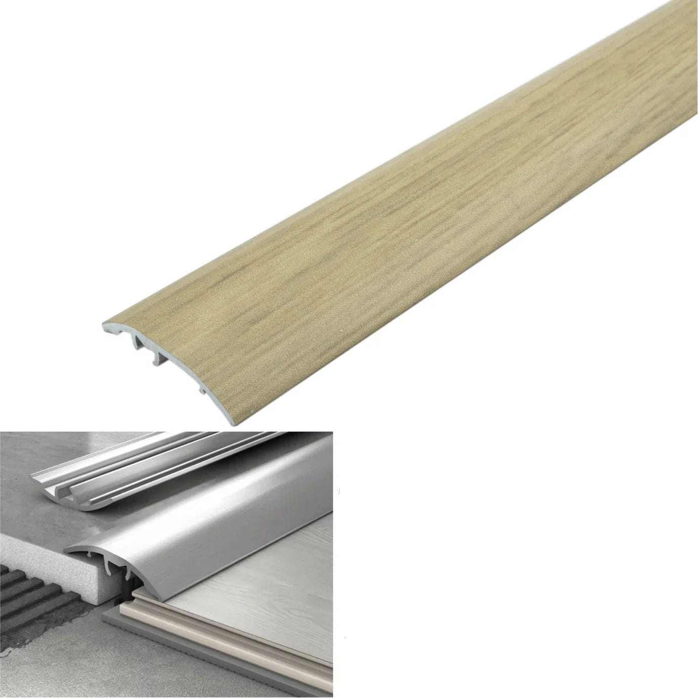 Wooden strip with metal profile, showing dimensions and color code on a white background