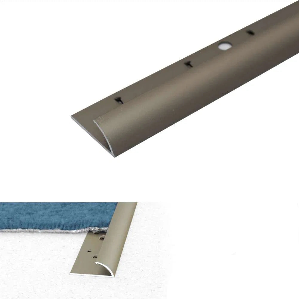 Metal strip with champagne finish on a white background, showing dimensions and features.