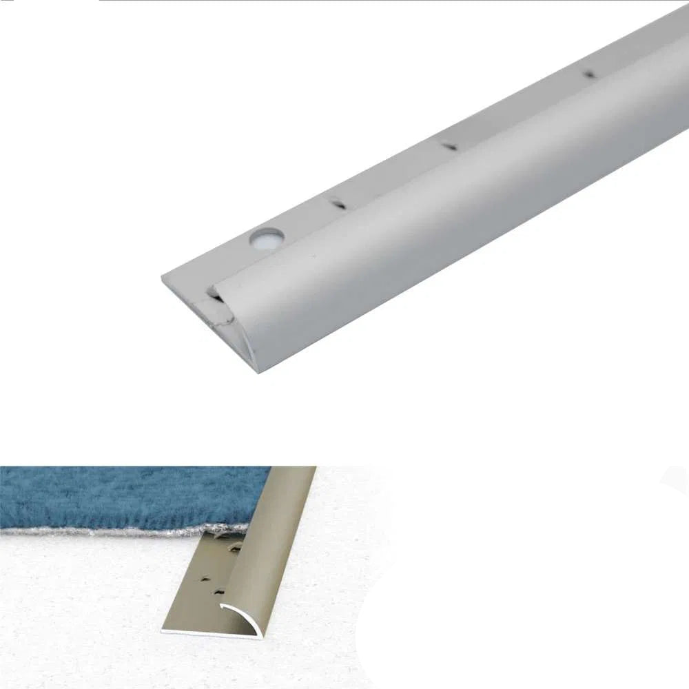 Silver metal strip with dimensions and features on a white background