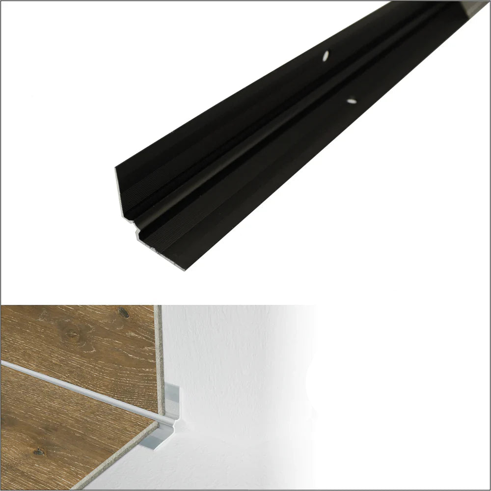 Black metal threshold with installation details on a white background