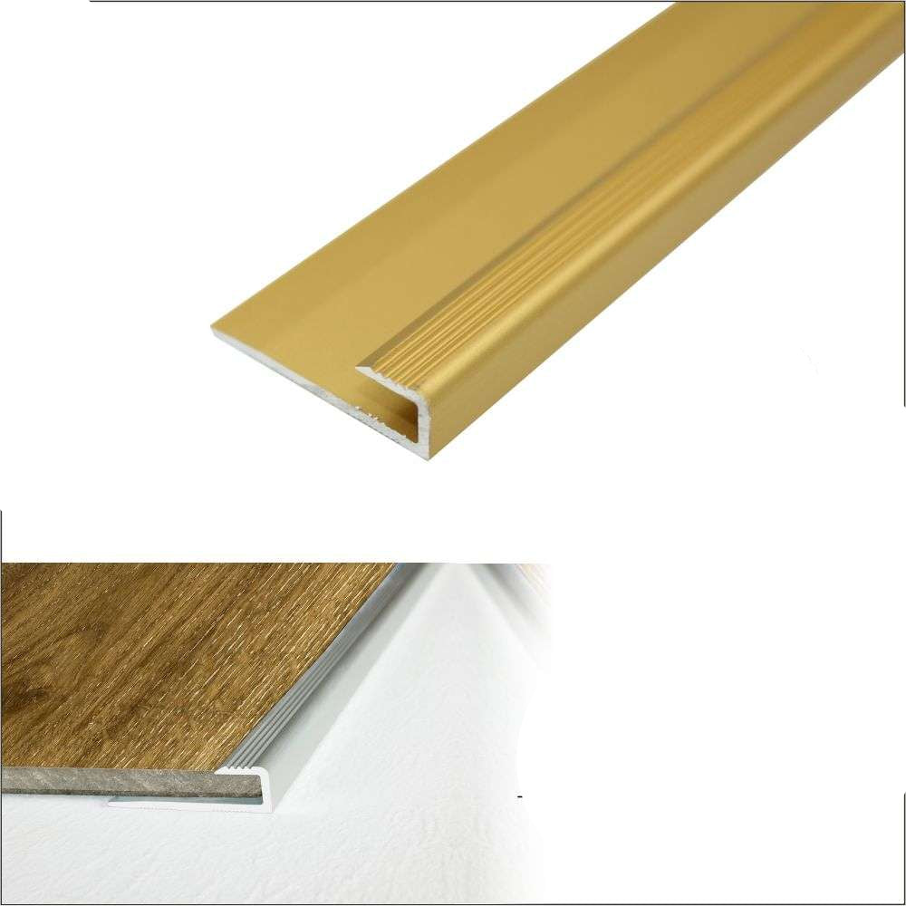 Gold metal strip with specifications on a white background