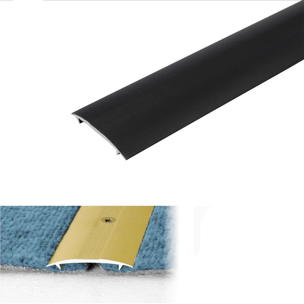 Black metal strip with product details on a white background