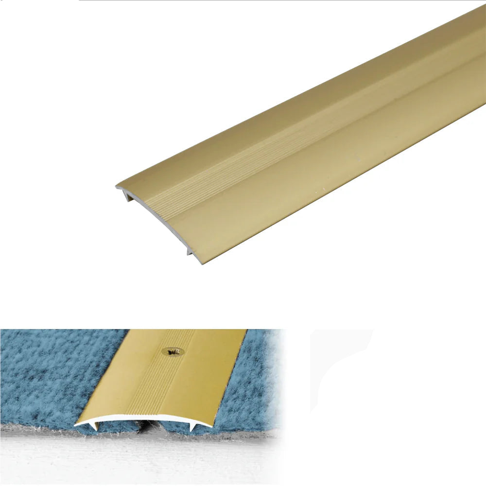 Gold metal strip with specifications on a white background