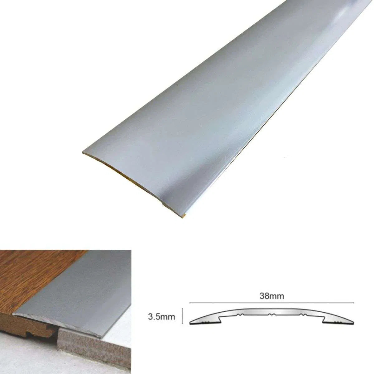 Bright silver strip with dimensions and features on a white background