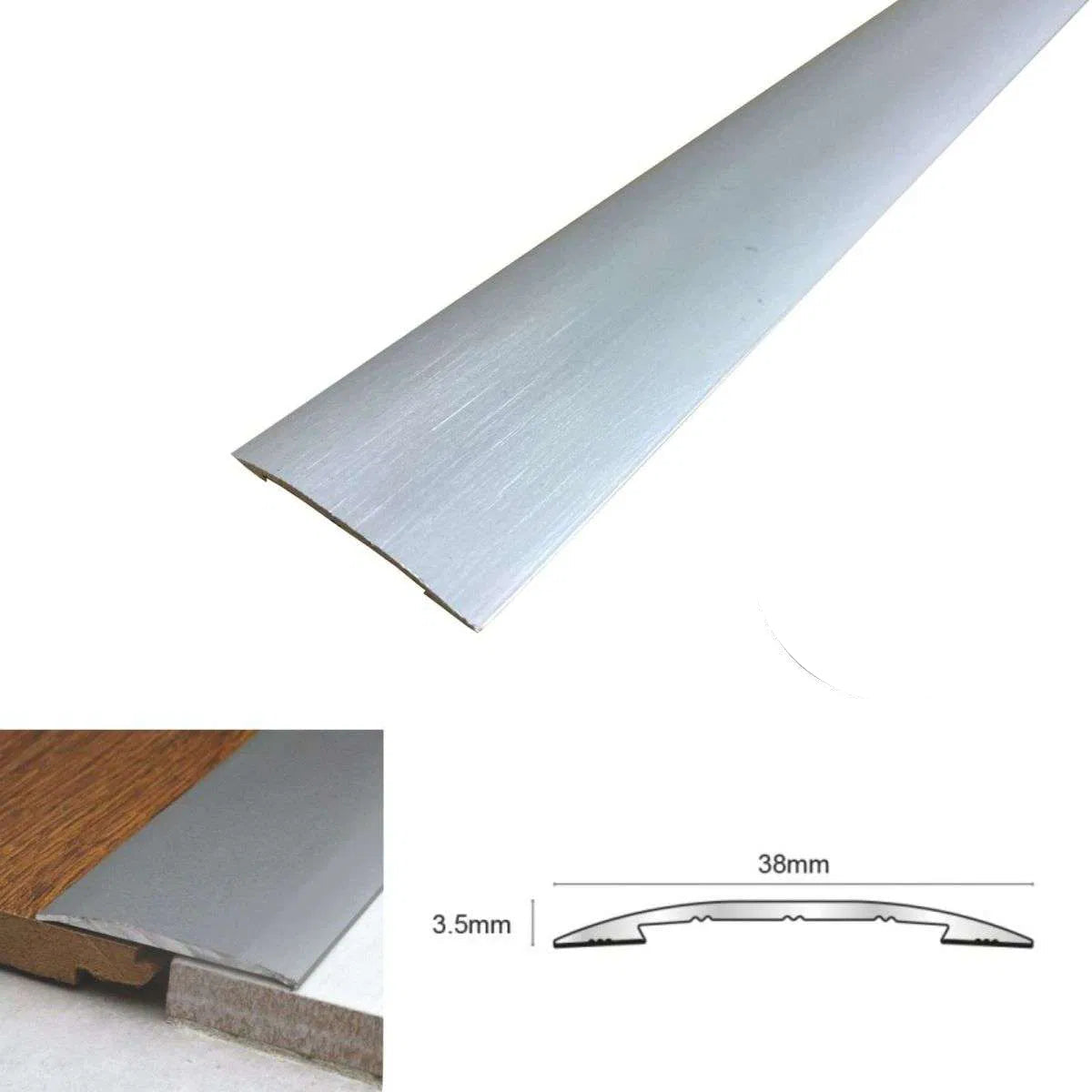 Brushed metal strip with dimensions and features on a white background