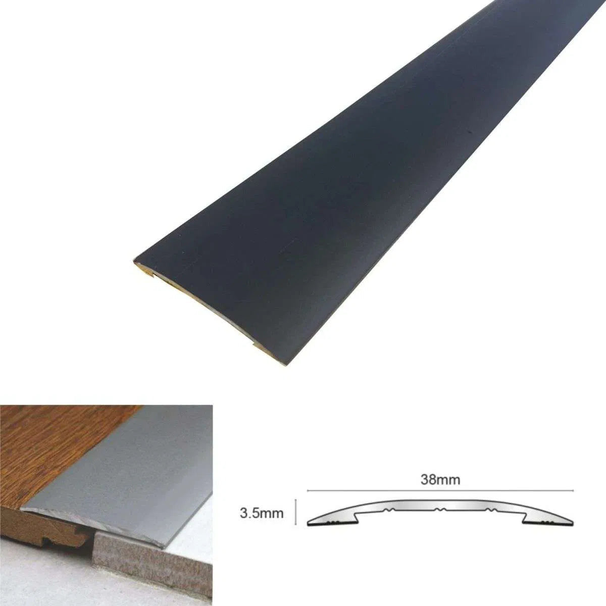 Bronze metal strip with dimensions and features on a white background