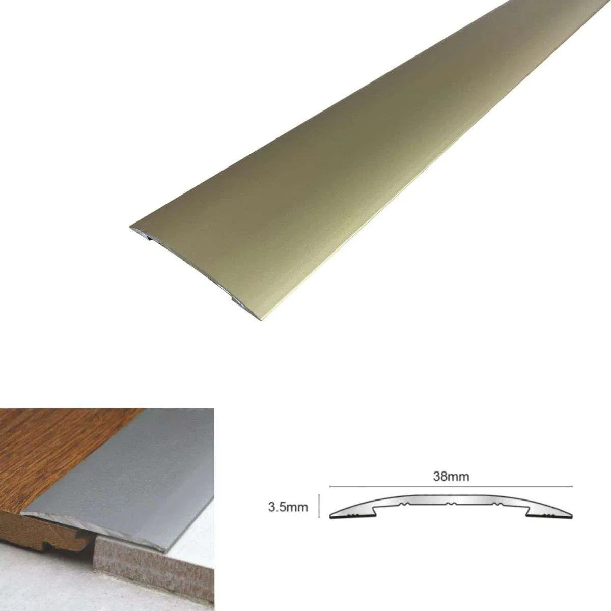 Gold metal strip with specifications on a white background