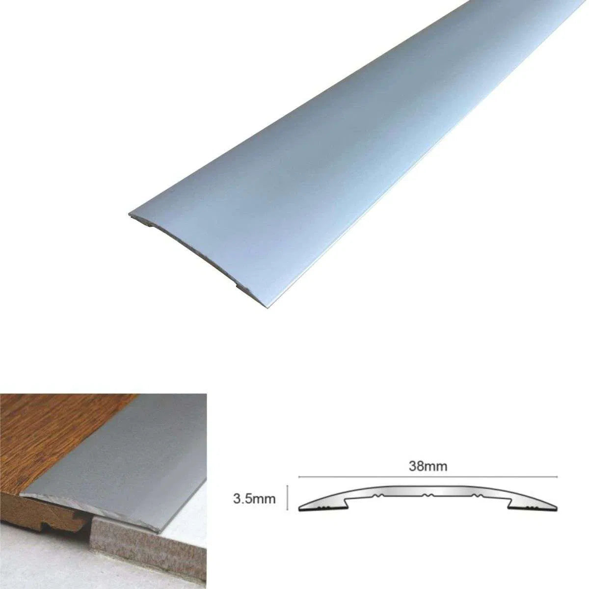 Silver strip with dimensions and features on a white background