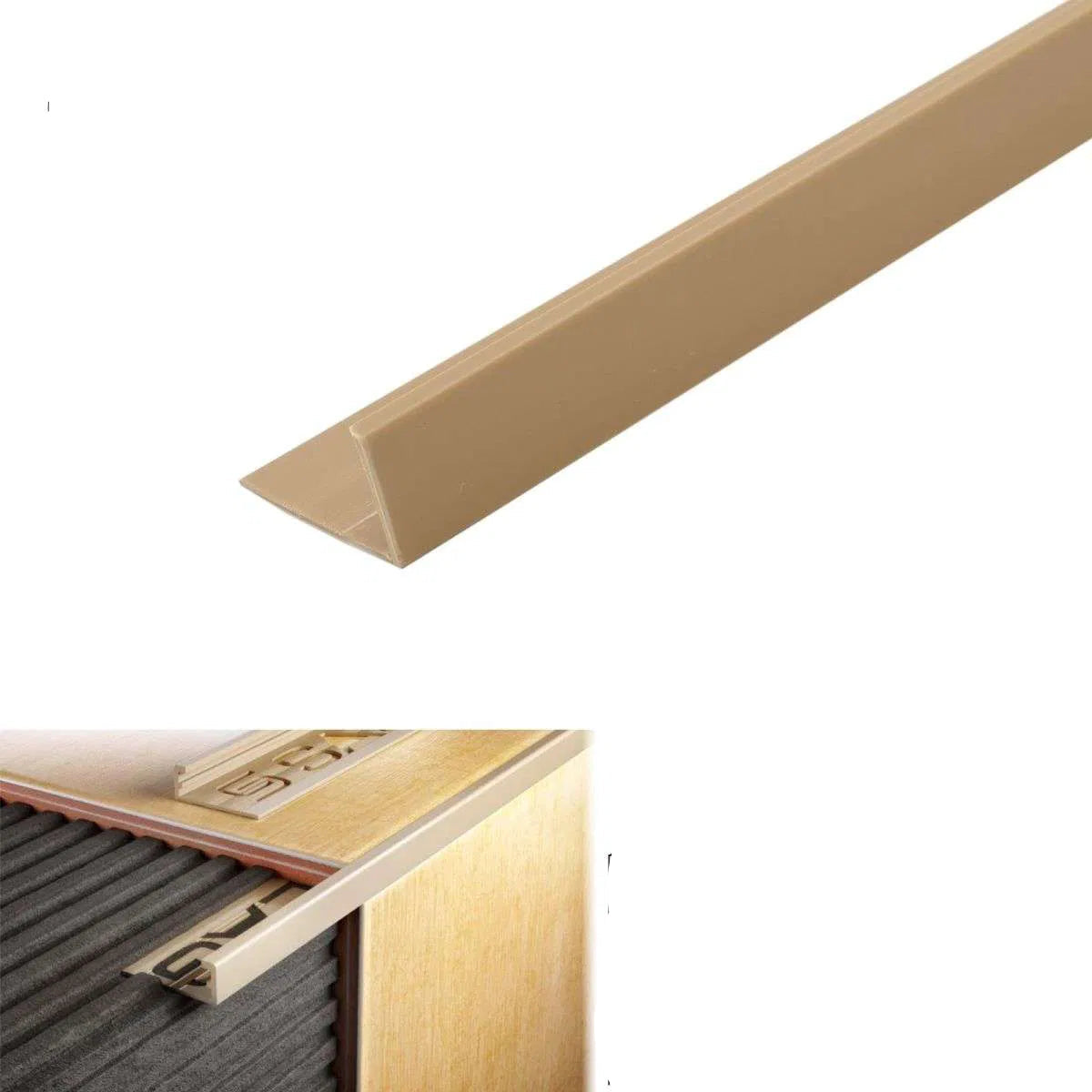 Caramel-colored PVC strip with dimensions and specifications on a white background