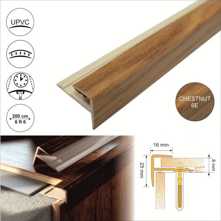 16x25mm Push-In Wood Effect PVC Stair Nosing – UPVC Edge Trim for Laminate & Wood Floors