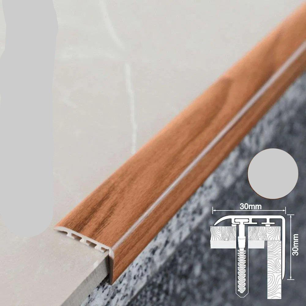 Wooden stair tread with UPVC label and chestnut color swatch on a neutral background