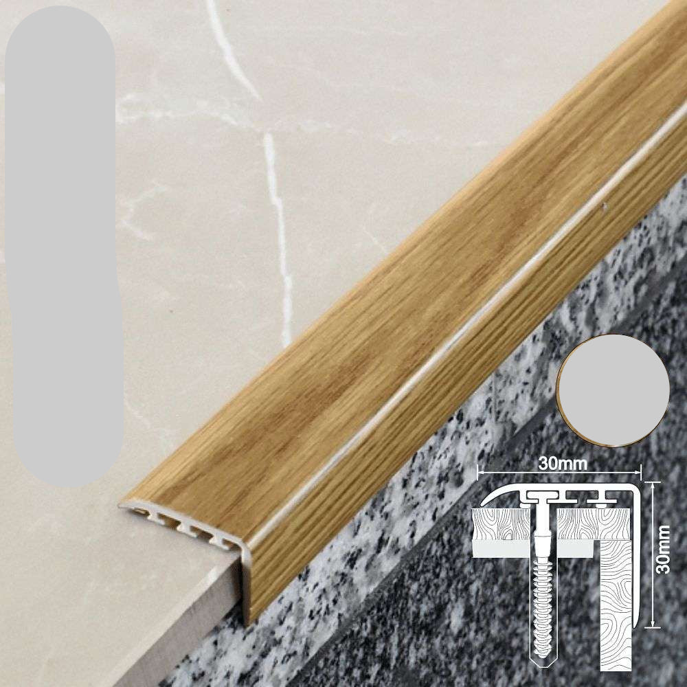 Wooden floor trim with measurements and material information on a neutral background