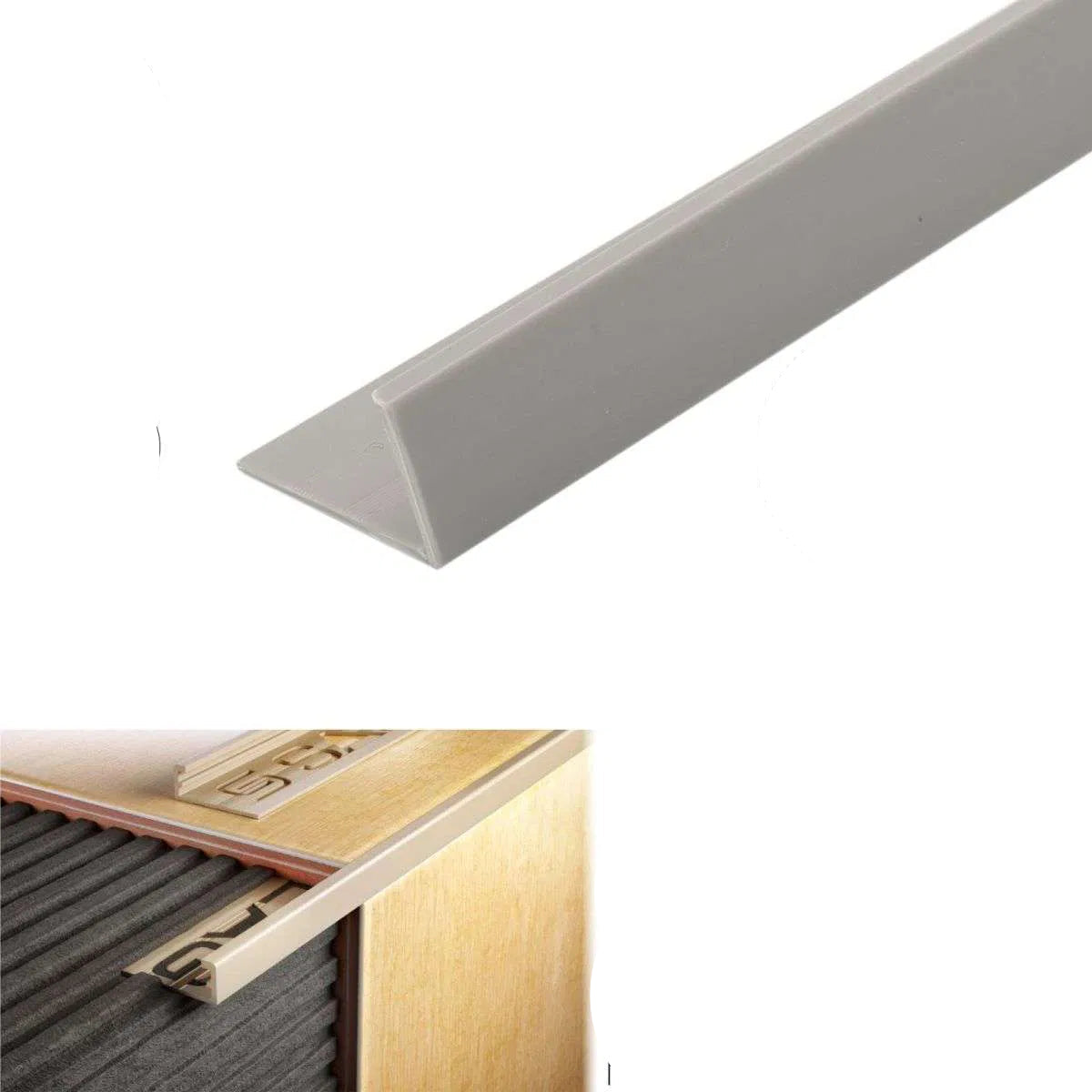 Gray PVC strip with dimensions and features on a white background