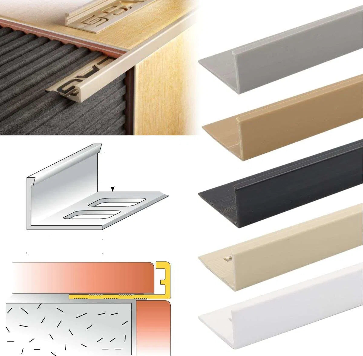 Set of metal stair treads in various colors with dimensions and cross-section details.