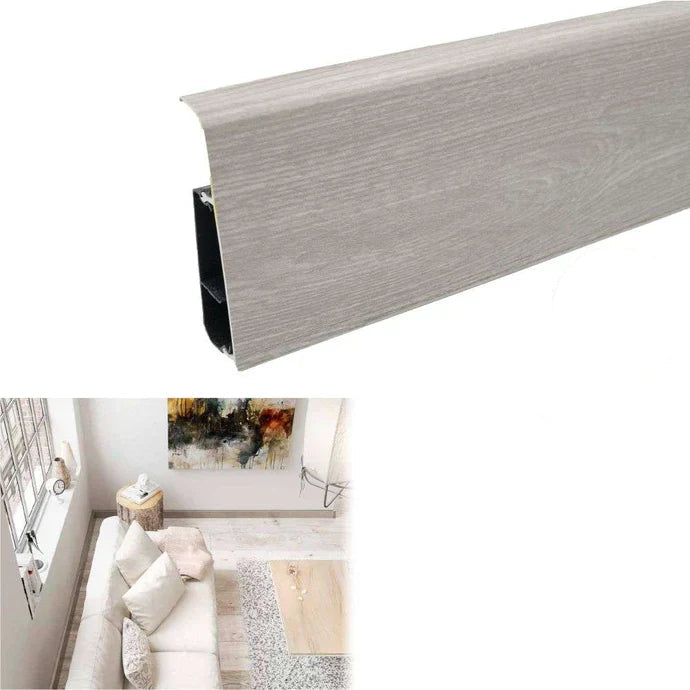Gladstone Grey Oak skirting board with product details and installation examples.