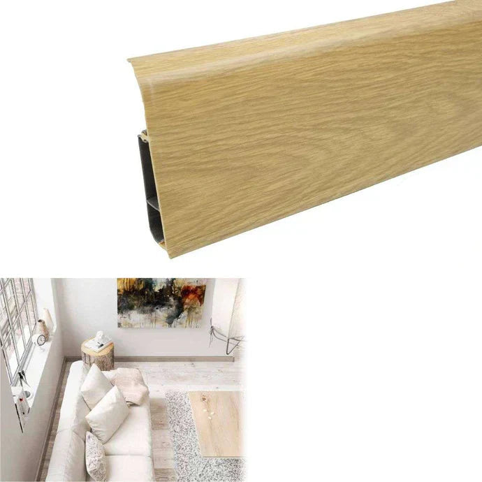 Wooden floor trim with product details and application example in a room.
