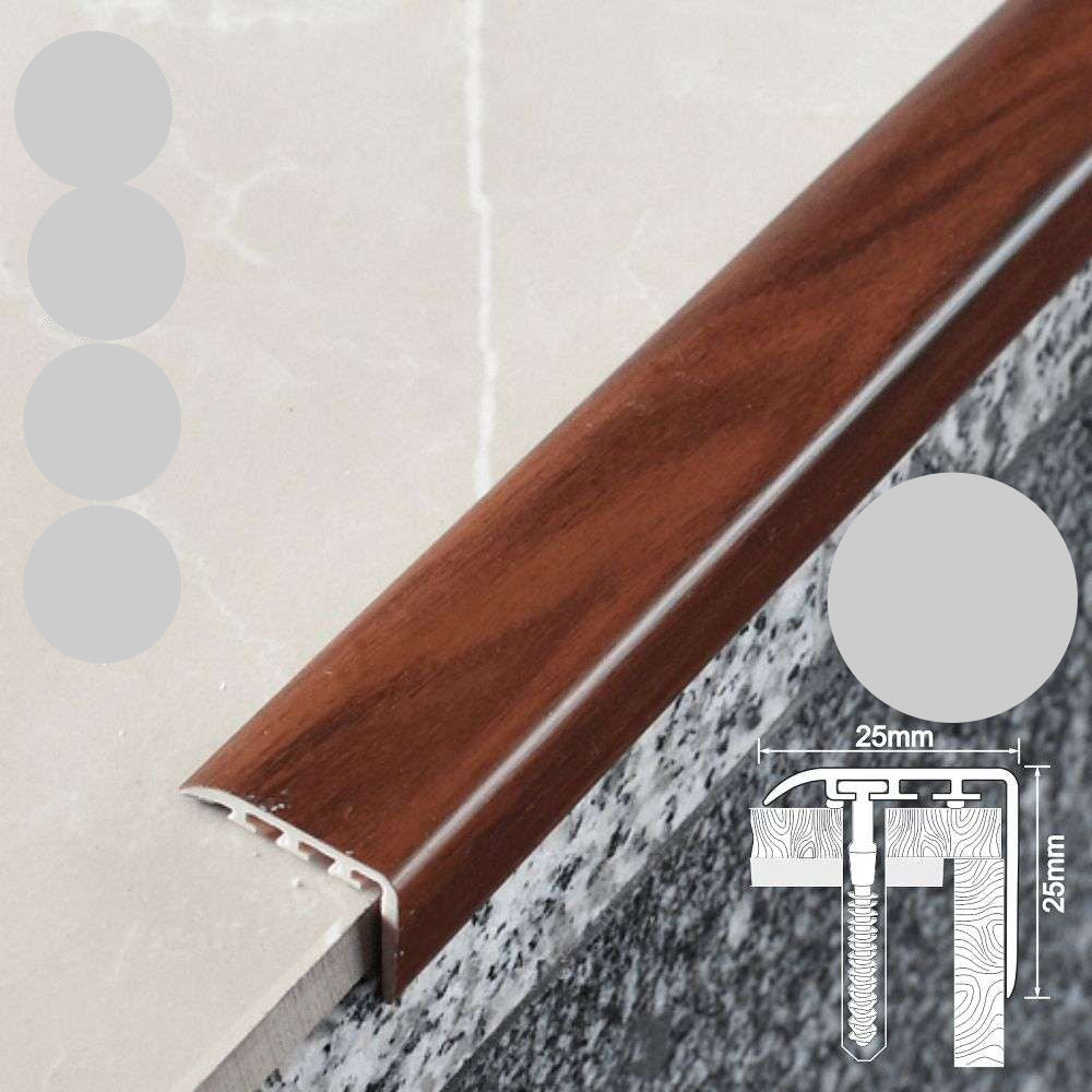 Wooden stair tread with measurements and material information on a neutral background