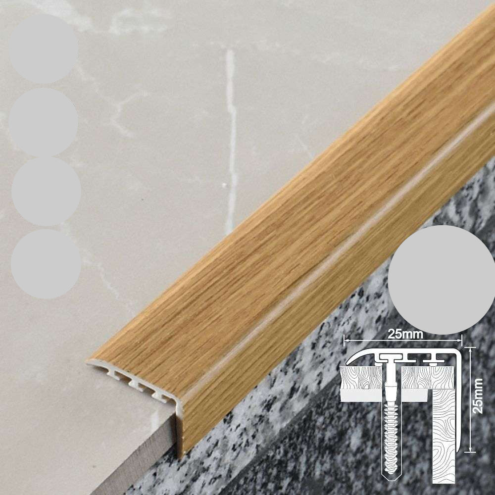 Wooden floor trim with UPVC label and dimensions on a gray background