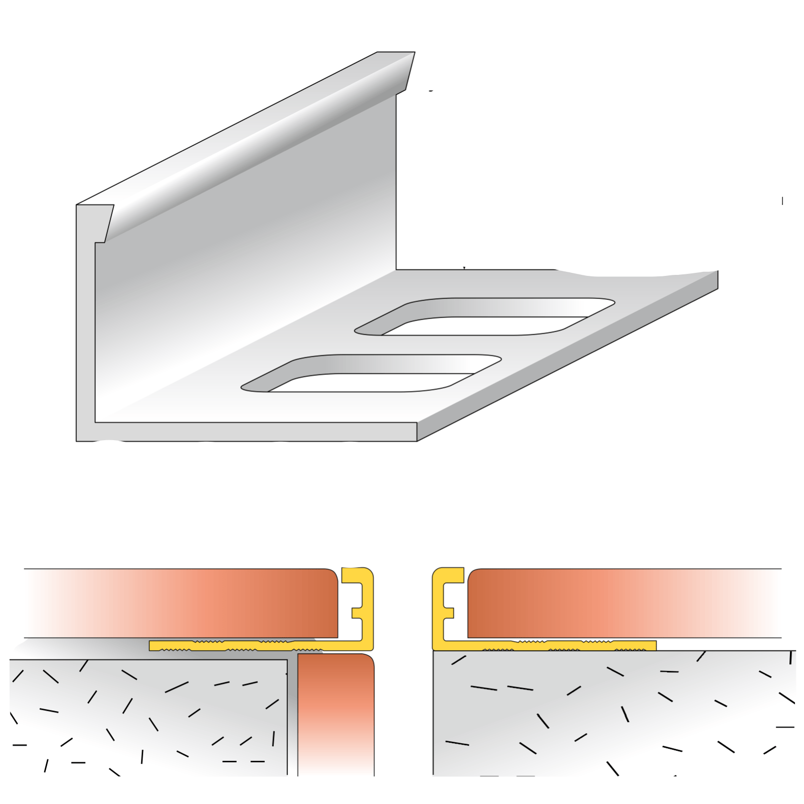 Technical drawing of a metal profile with dimensions and installation examples.