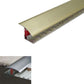 Metallic door strip with brass effect on a white background, featuring product details.