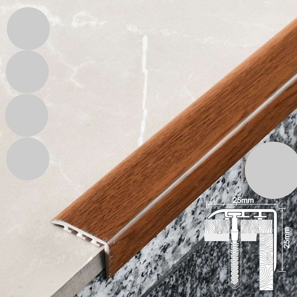 Wooden floor trim with specifications on a neutral background