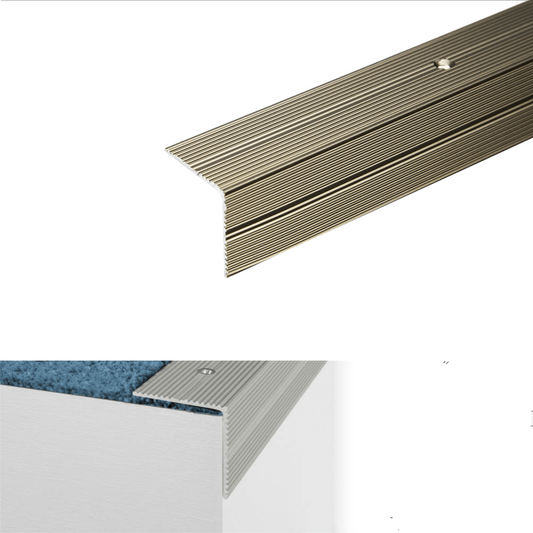 Metal stair nosing with champagne finish, shown in various angles and with dimensions.