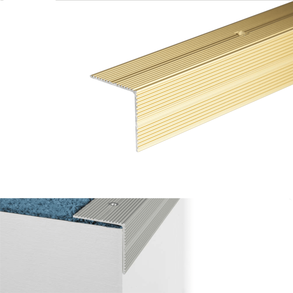 Gold metal stair tread with installation diagram and product details on a white background