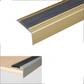 Gold stair tread with black rubber on a white background, showing product details and dimensions.