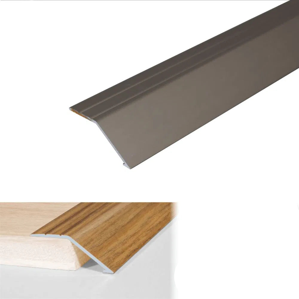 Champagne-colored metal threshold strip with installation details on a white background