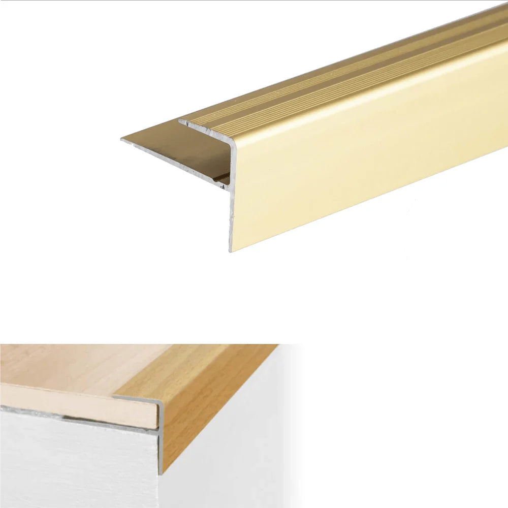 Gold metal threshold strip with installation diagram on a white background